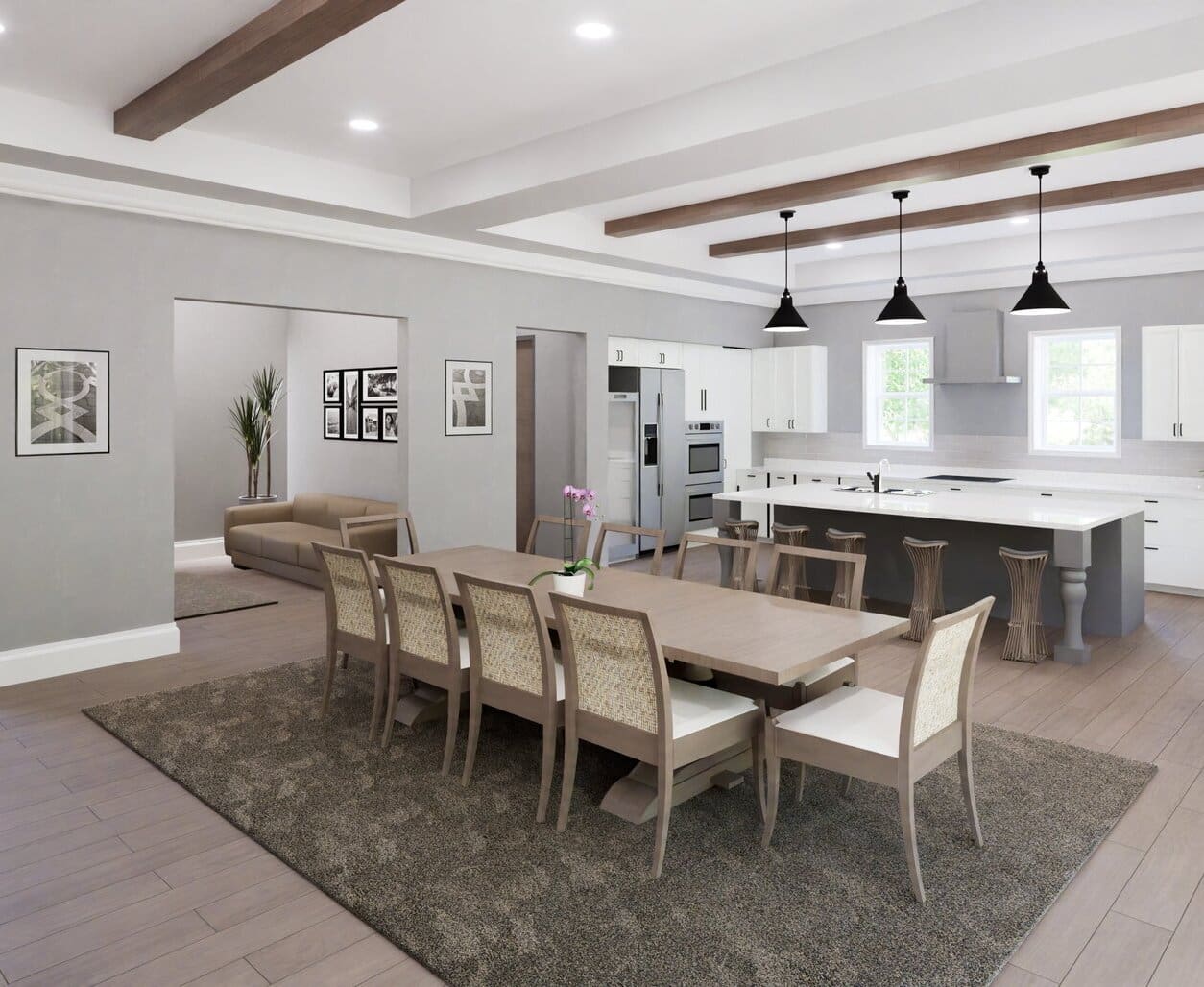 A dining room with a table and chairs in it