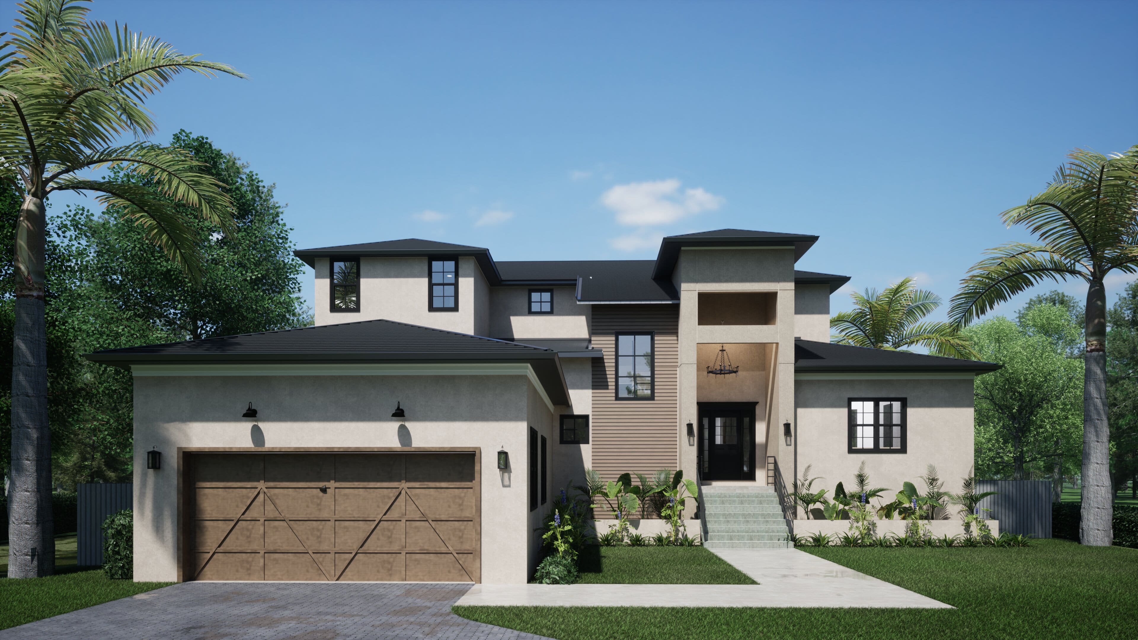 A large house with two garage doors and a driveway.